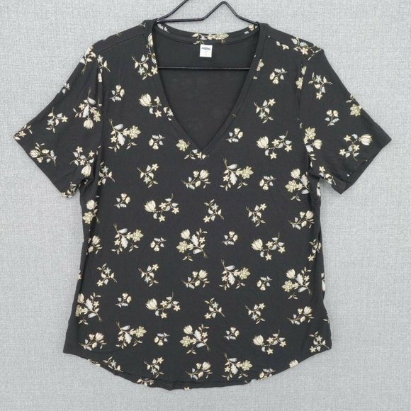 Old Navy Tops - Old Navy Shirt Womens Large Black Floral Short Sleeve V-Neck Casual